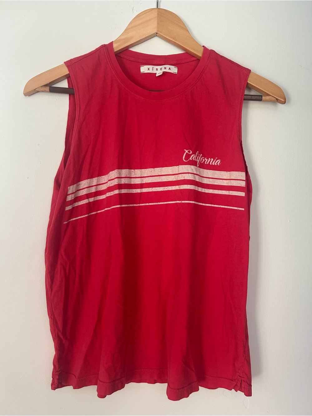 XiRENA Red Muscle Tank with White Stripe and "California" Script